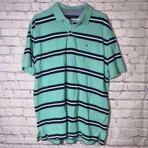 Tommy Hilfiger Polo Shirt XL Green Blue Striped Preppy Golf Knit Summer Casual